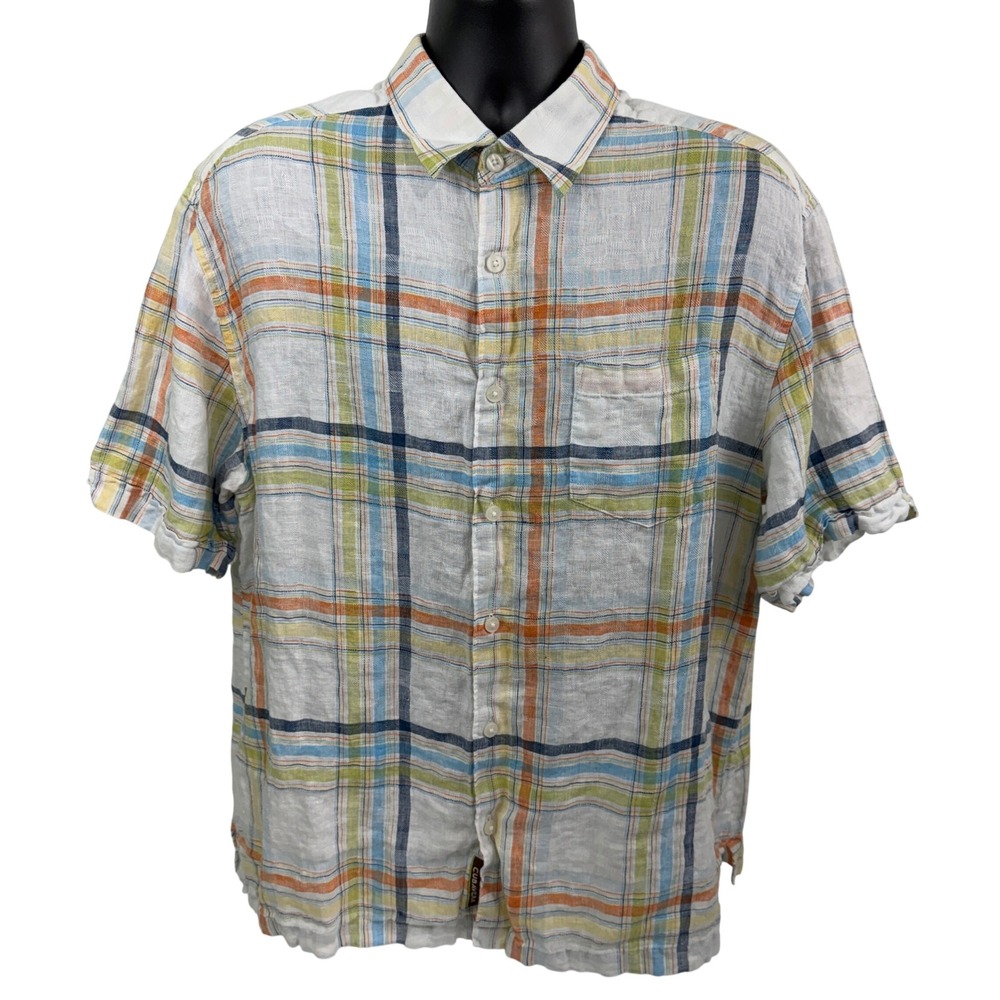 Cubavera Mens XXL Shirt 100% Linen Short Sleeve Plaid Multi-Color Button Down‎